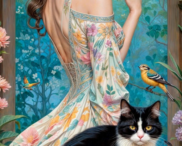 Young woman in floral dress with cat in garden setting