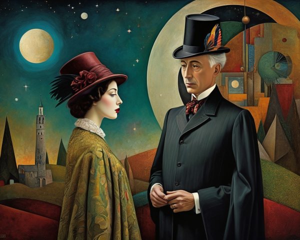 Stylized Artwork of Couple in Formal Attire in Surreal Setting