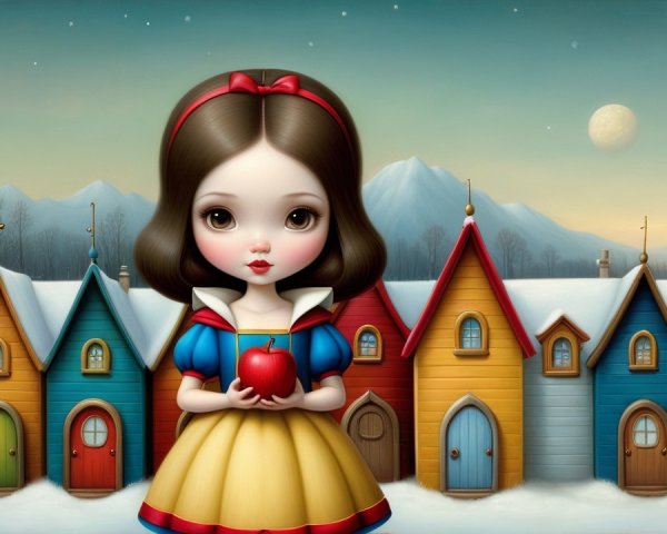 Whimsical Doll-Like Girl in Snowy Village Scene