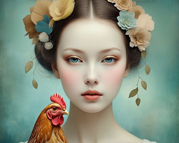 Young woman with floral headpiece and chicken companion