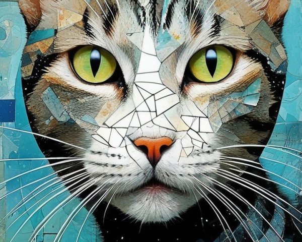 Stylized Cat Artwork with Vibrant Colors and Patterns