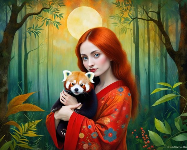 Girl with Red Hair and Red Panda in Mystical Forest