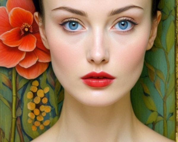 Portrait of a Woman with Blue Eyes and Red Flowers