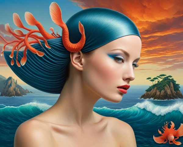 Portrait of a woman with blue hair in a surreal landscape