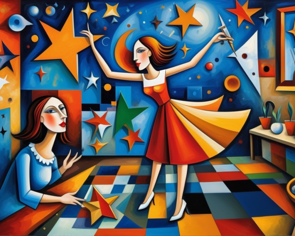 Vibrant Abstract Scene with Two Women in Colorful Room