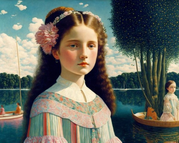 Young girl in vintage dress by tranquil lake scene