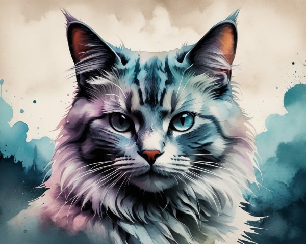 Illustrated Portrait of a Feline with Blue Eyes