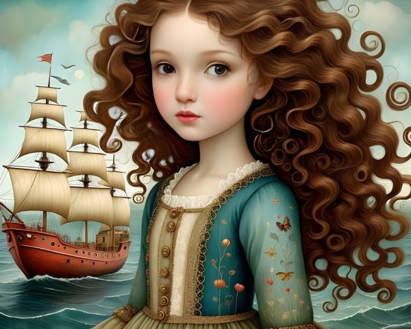 Young girl in blue gown by sailing ship at sea