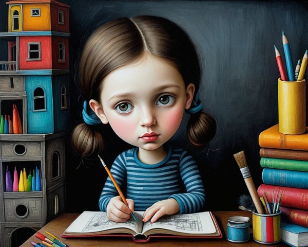 Young girl drawing at a desk with art supplies