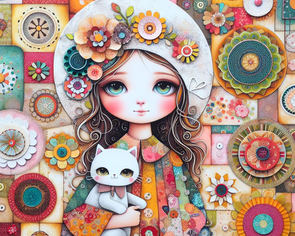 Colorful Illustration of a Girl with a Cat and Flowers