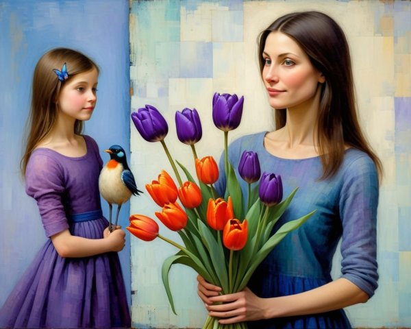 Woman with Tulips and Girl Observing Colorful Bird