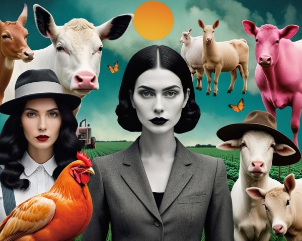 Women in Contrasting Attire with Farm Animals and Sun