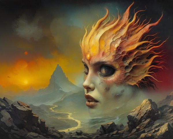Surreal Landscape with Fiery Female Face and Mountains