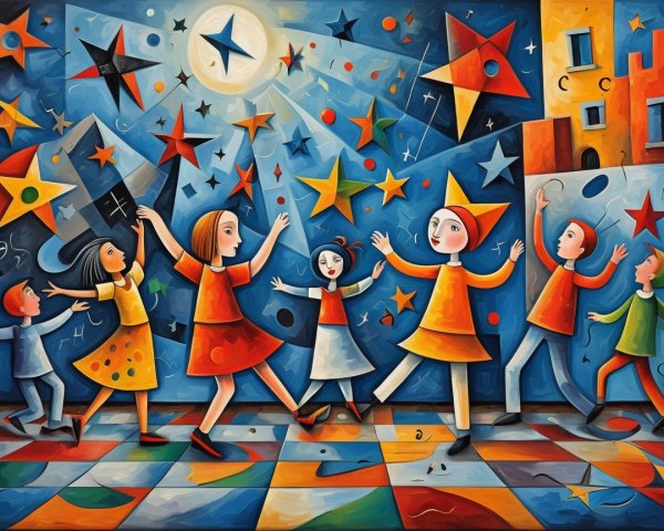 Children Dancing Under a Starry Night Sky