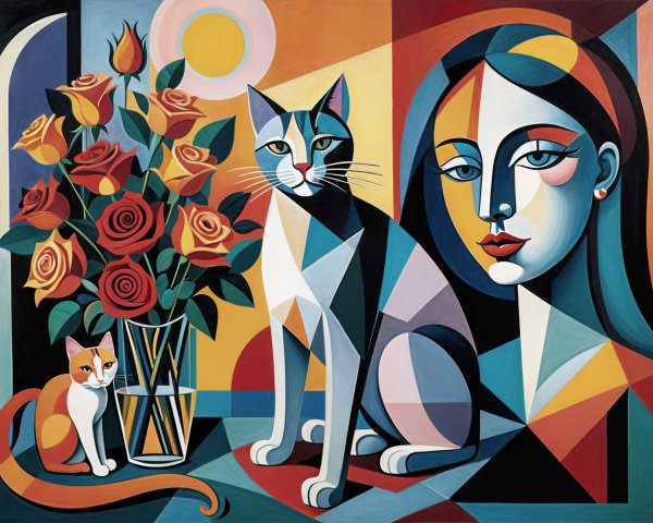 Vibrant Artwork Featuring Woman, Cats, and Roses