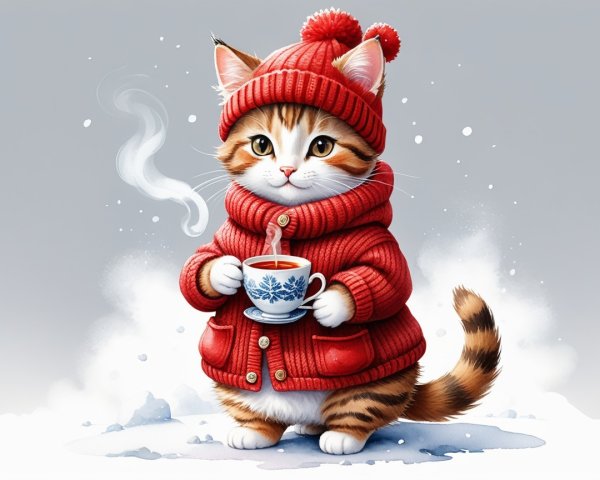 Cozy Cartoon Cat in Winter Attire with Tea