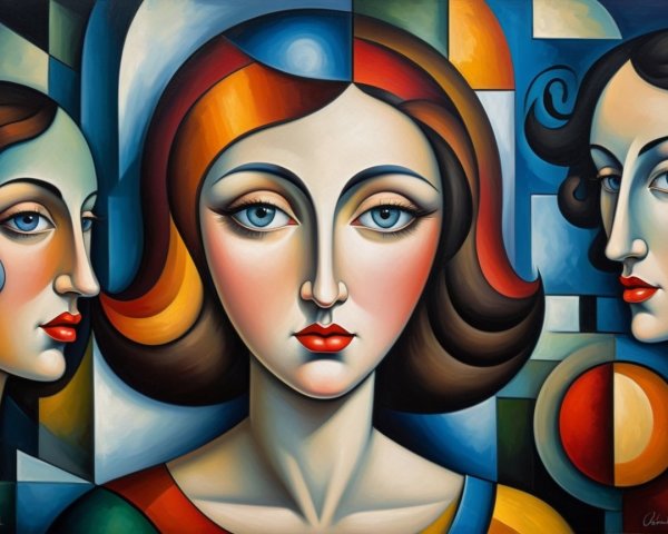 Stylized Female Faces with Bold Colors and Geometric Background