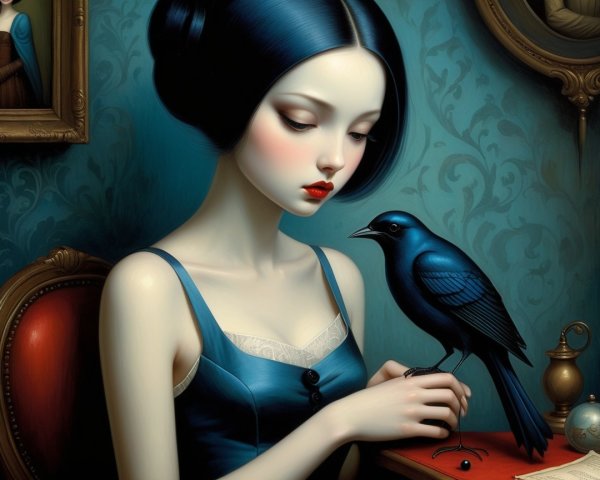 Melancholic woman with blue hair in softly lit room