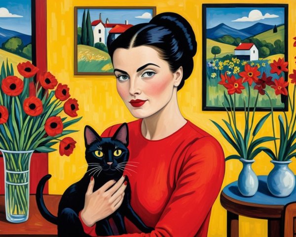 Elegant Woman with Black Cat Against Yellow Background