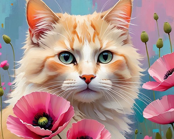 Vibrant depiction of an orange-and-white cat among poppies