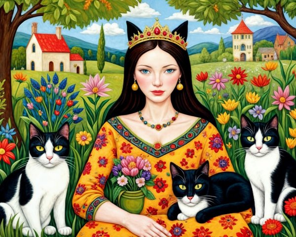 Regal Woman in Yellow Gown Surrounded by Cats in Garden