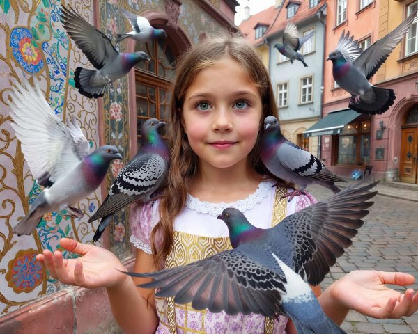 Young girl in white dress surrounded by pigeons outdoors