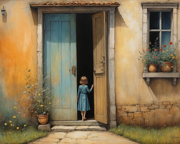 Young girl in blue dress by rustic doorway