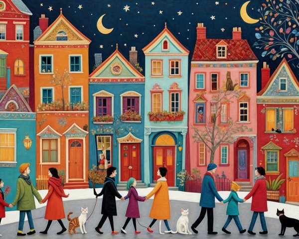Colorful Nighttime Street Scene with Charming Houses