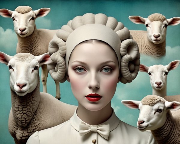 Surreal Composition of Woman Surrounded by Sheep