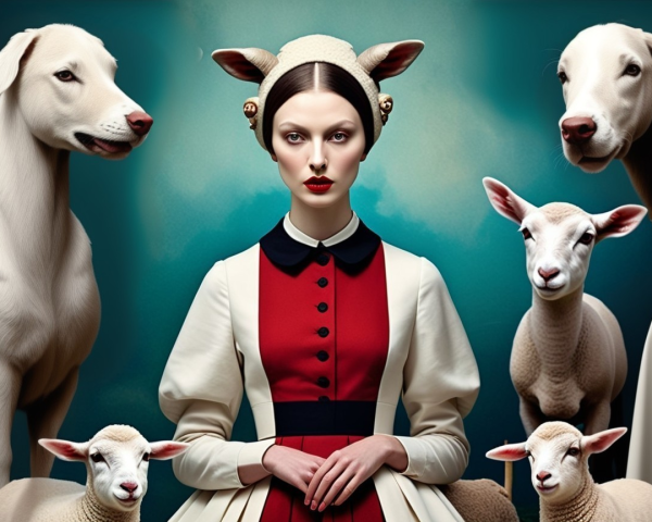 Surreal Portrait of Woman in Vintage Gown with Animals