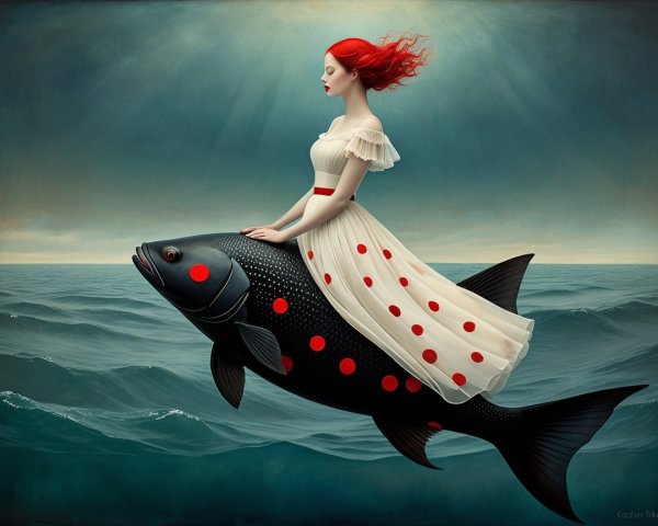 Surreal Scene of Woman on Fish in Tranquil Ocean