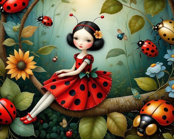 Whimsical Forest Scene with Ladybug-Inspired Girl