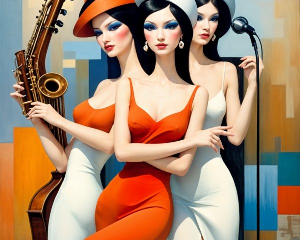 Stylized Women in Elegant Gowns with Musical Elements