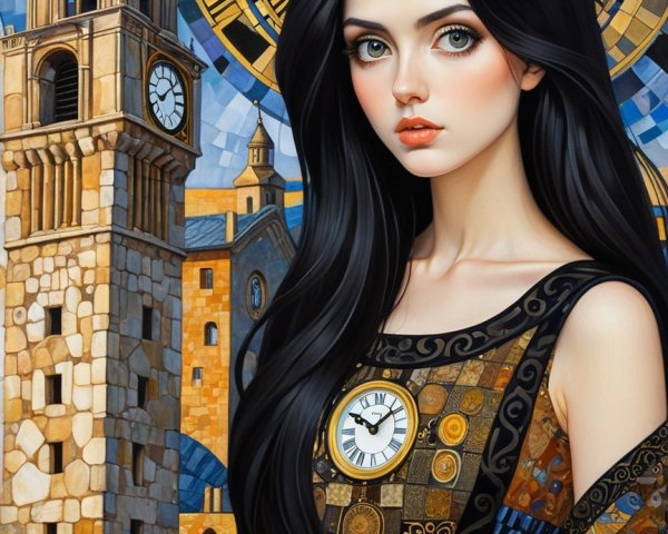 Portrait of a Young Woman in Ornate Gown with Clock Tower
