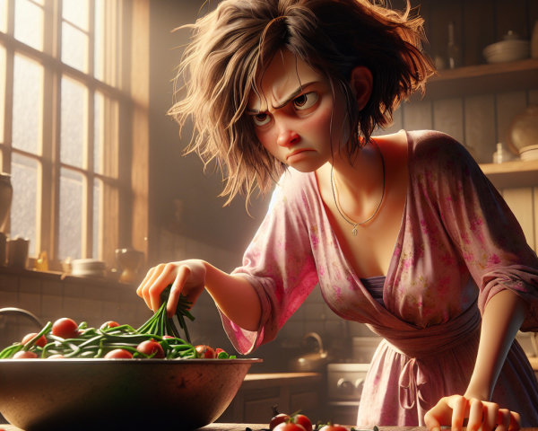 Young woman cooking in a cozy kitchen with vegetables