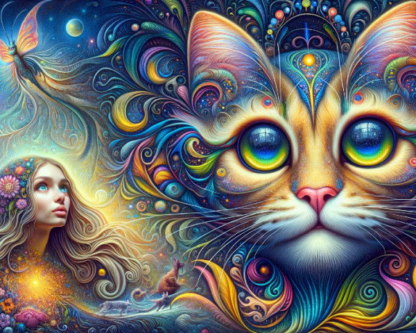 Vibrant Cat Face and Ethereal Woman in Cosmic Art