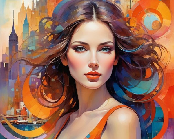 Woman with Flowing Hair in Abstract Cityscape Art