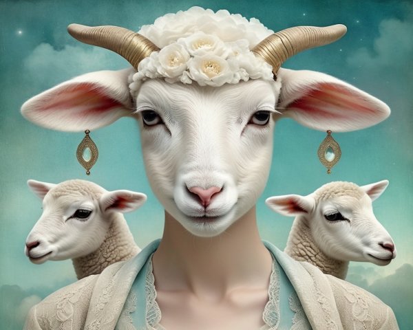 Surreal Sheep with Human Face and Floral Accents