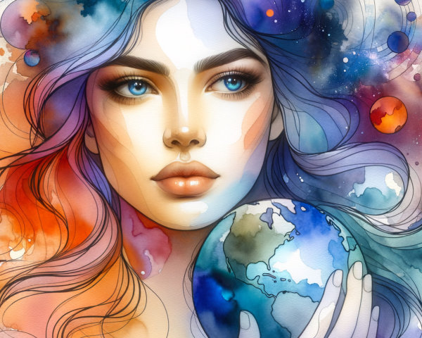Serene woman with colorful globe in cosmic background