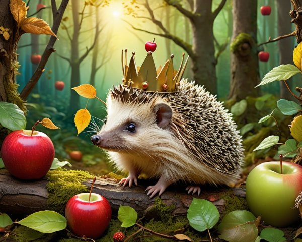 Hedgehog with Crown in Enchanted Forest Setting
