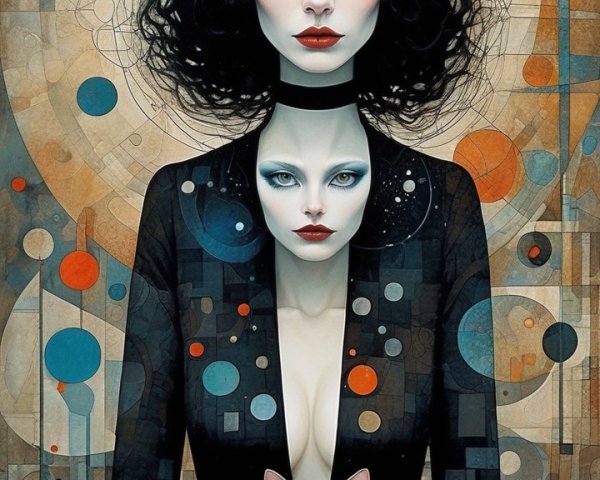 Surreal Artwork of Cat-Like Figures with Geometric Patterns