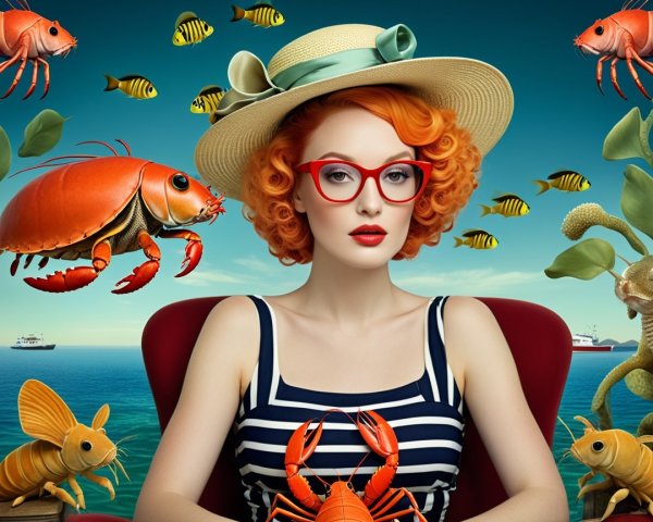 Glamorous Woman in Striped Swimsuit Underwater Scene