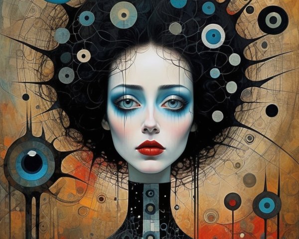 Stylized Female Figure with Bold Features and Patterns