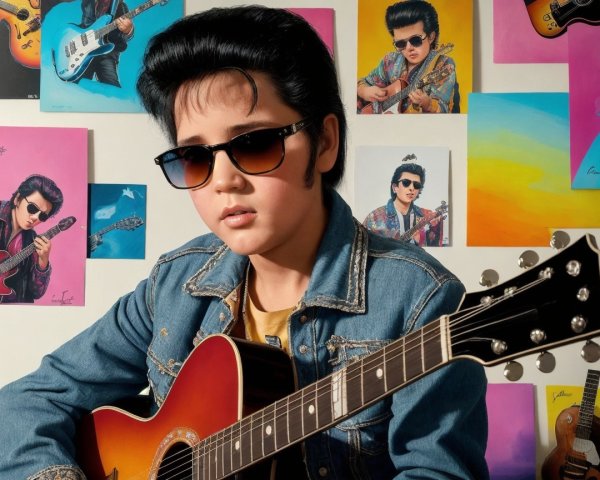 Young Boy with Guitar Against Vibrant Rock Mural