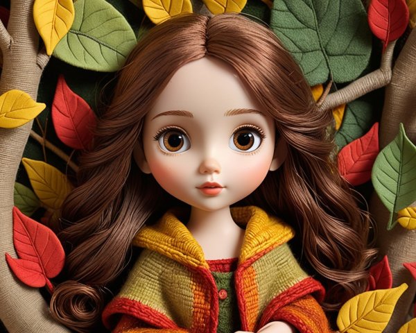 Charming Doll Surrounded by Vibrant Autumn Leaves