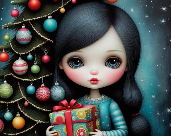 Whimsical Doll-like Girl by a Decorated Christmas Tree