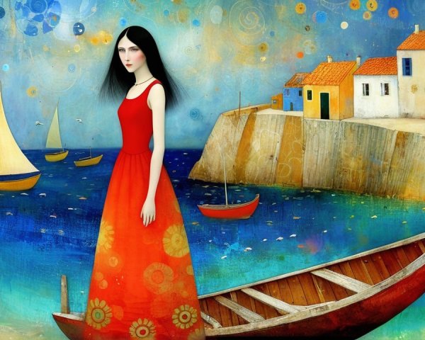Coastal Scene with Woman in Red Dress and Boats