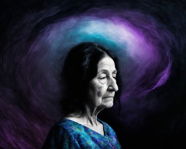Elderly Woman with Serene Expression in Dreamlike Setting