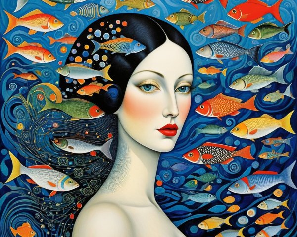 Serene Woman Surrounded by Colorful Underwater Life