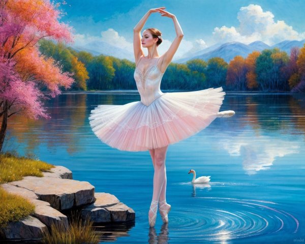 Ballerina in Tutu Poses by Serene Autumn Lake